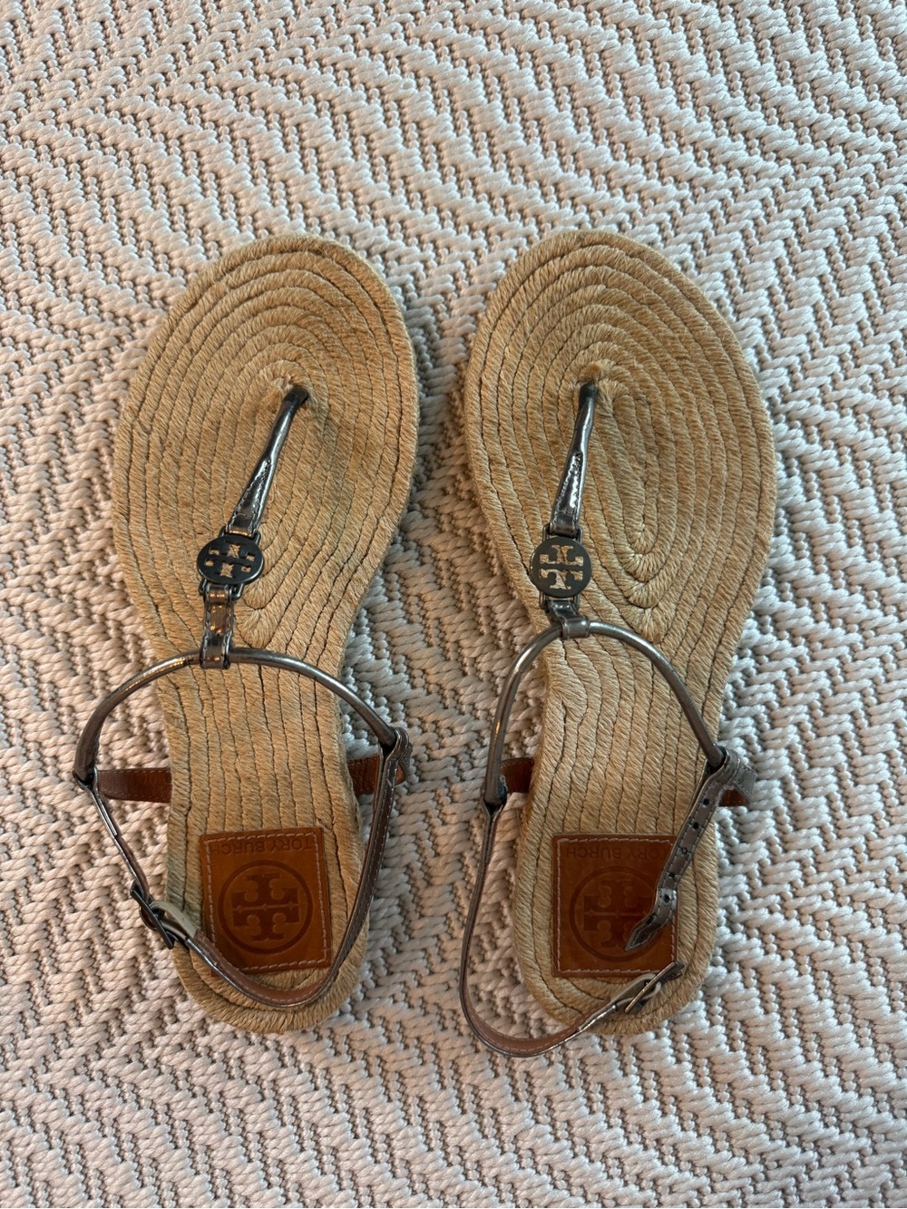 Tory Burch Woven Espadrille Thong Sandals with Metallic Straps